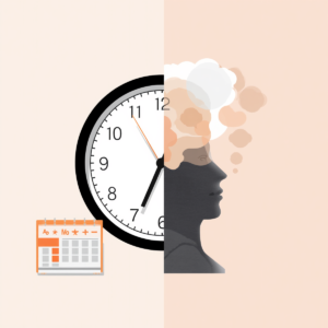 Split image: clock and calendar on one side, person with thought bubbles on other