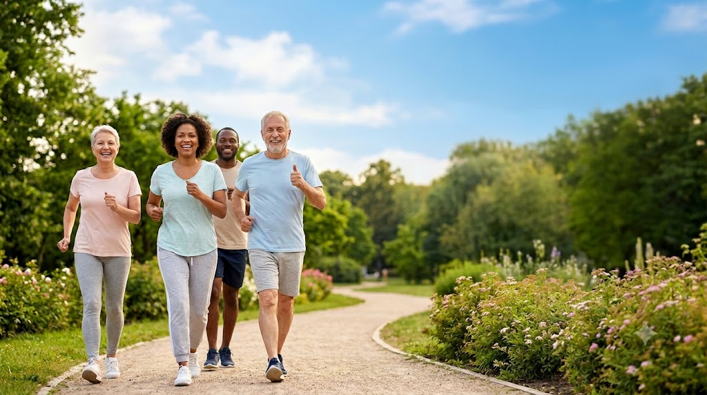 A diverse group of four people walking together on a park path, representing active, healthy lifestyles.