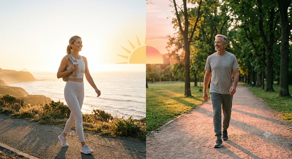 Person walking during both sunrise and sunset, representing the 6-6-6 walking routine.