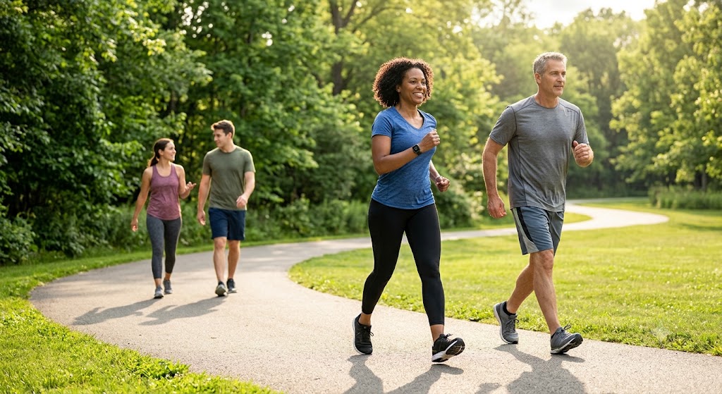 A diverse group of people walking together on a sunlit park path for daily fitness and wellness.