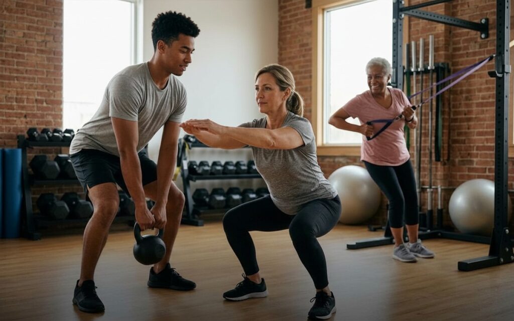 Trainer coaching client during strength workout