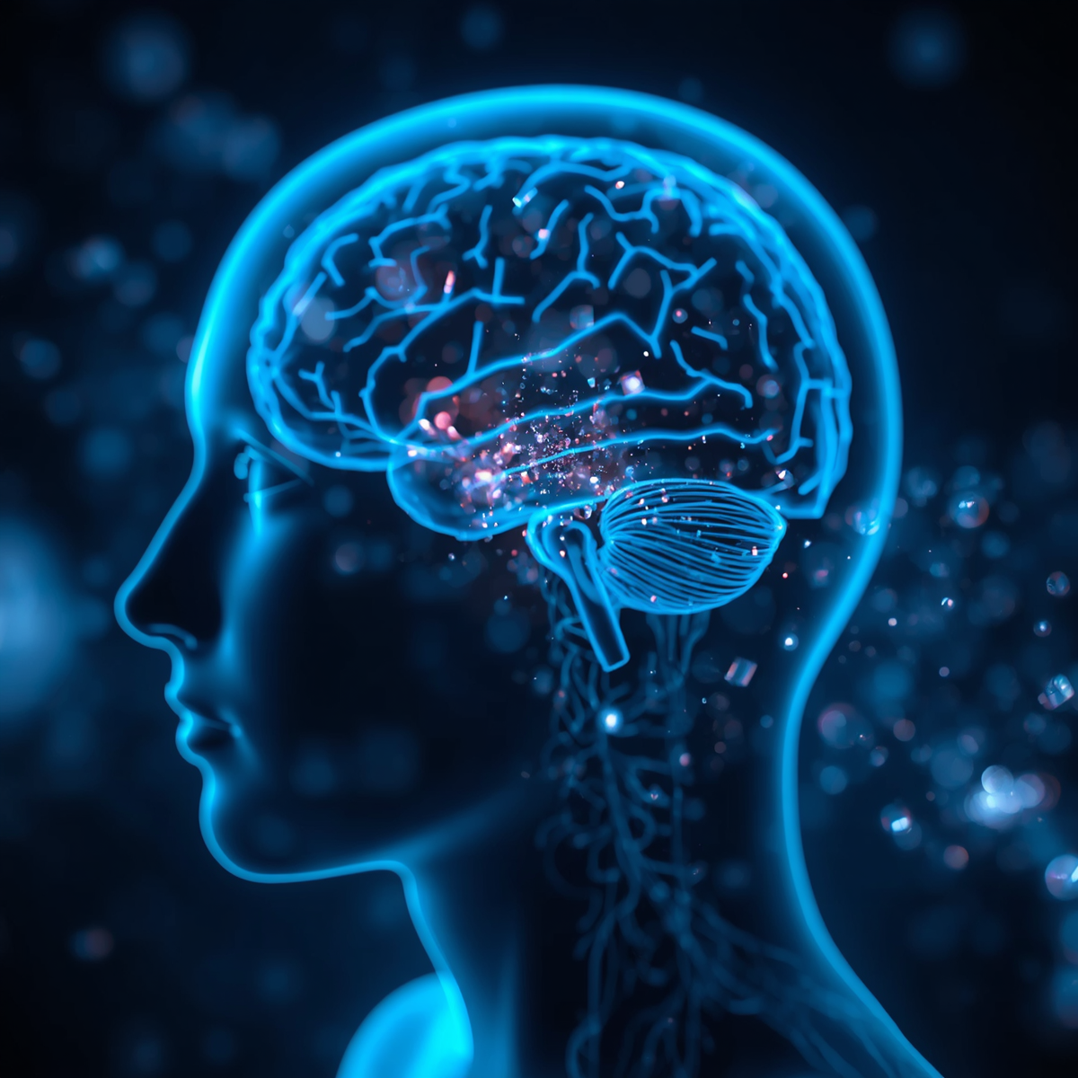 Microplastic particles surround a glowing brain.