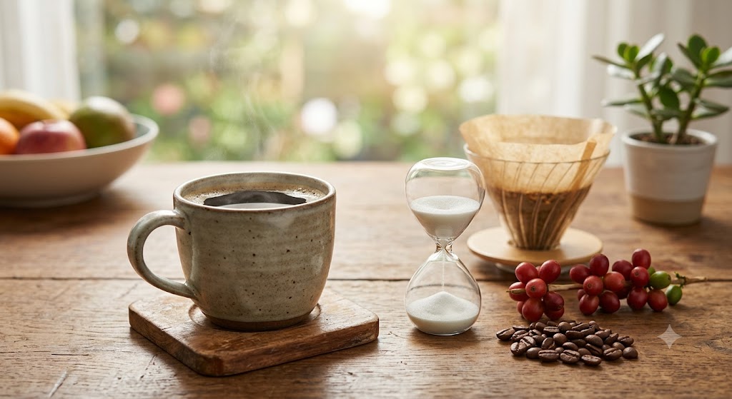 Hand flipping an hourglass beside a fresh cup of coffee and coffee cherries.
