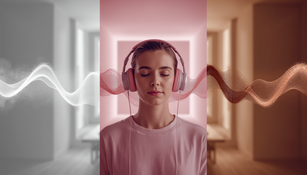 Person wearing headphones surrounded by colorful sound waves.