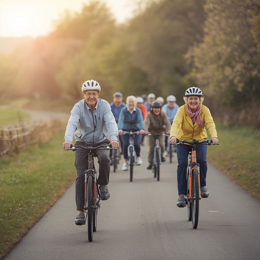Older adults cycling together outdoors.