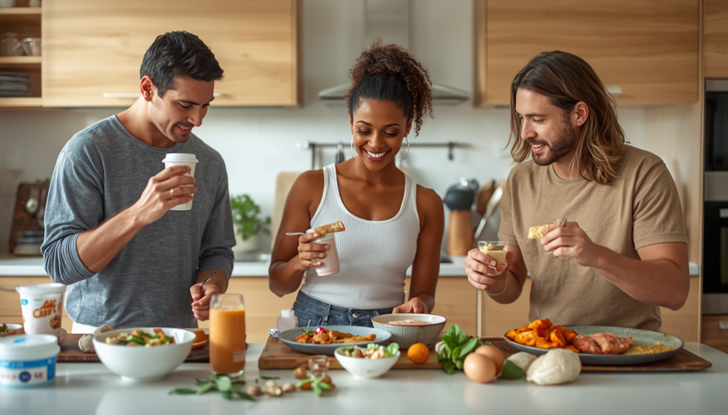 People prepare protein-rich foods together.