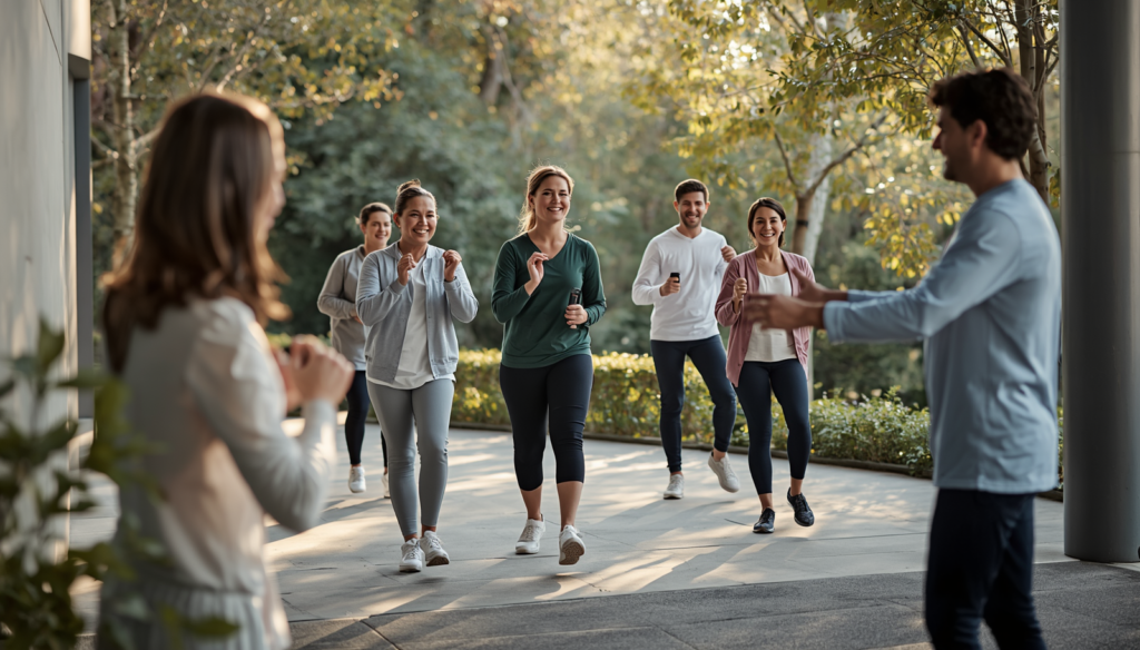 Adults exercise together in a sunny wellness setting.