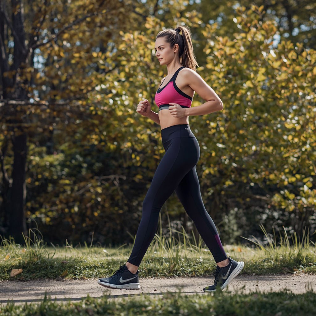 A person walking outdoors for exercise.