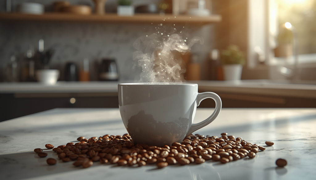 Steaming coffee with glowing compounds.