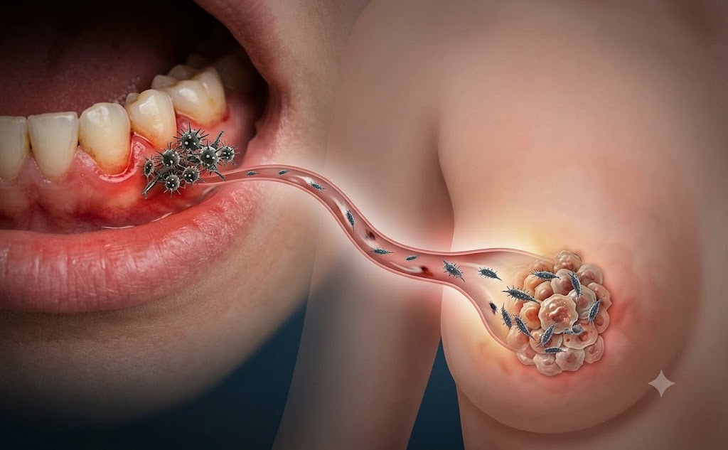 Conceptual illustration showing bacteria travelling from diseased gums through the bloodstream to breast tissue.