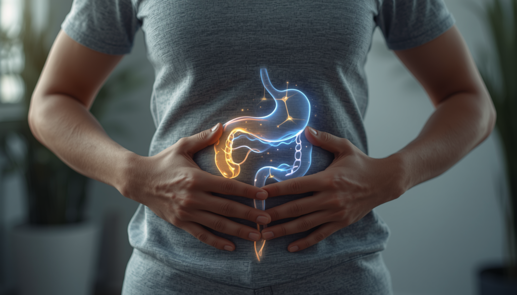 Hands rest over a glowing abdomen.