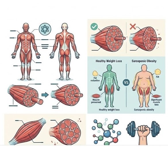 Illustration comparing healthy weight loss versus sarcopenic obesity.