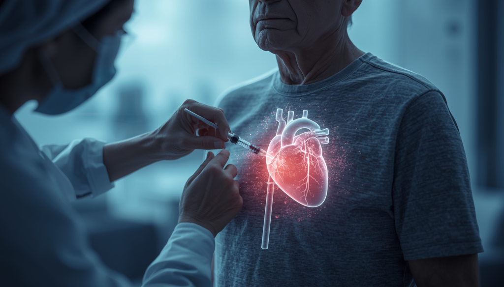 Older adult receiving a vaccine with a glowing heart symbolizing cardiovascular protection.