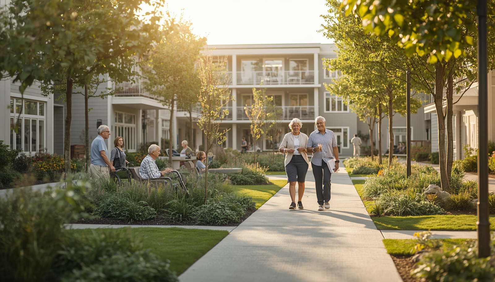 Older adults walk through a bright wellness residence, showing how supportive environments can shape healthy aging.
