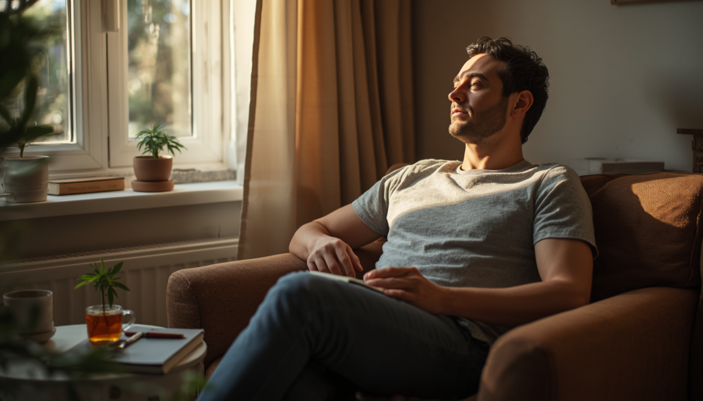 Person sits calmly near cannabis plants by a window.