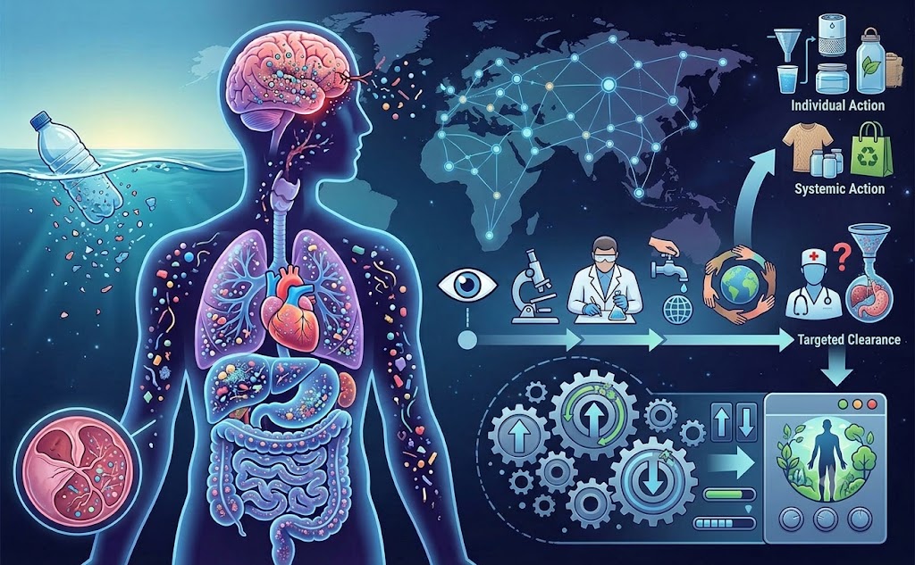 A conceptual illustration showing microplastic particles entering the human body, with icons representing scientific research, filtration solutions, and global environmental impact.