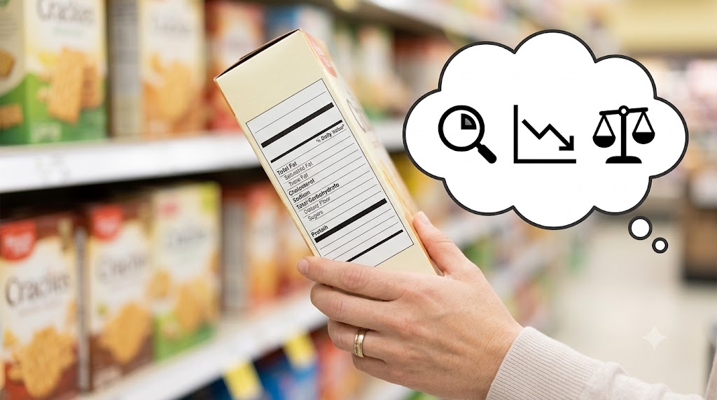 A shopper analyzing a nutrition facts label on a food package.