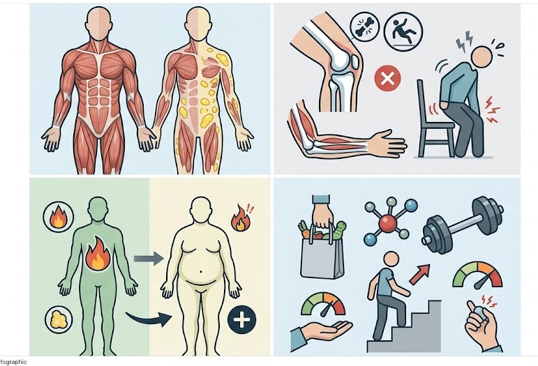 Infographic illustrating the risks of muscle loss, including frailty, metabolic decline, and decreased functional strength.