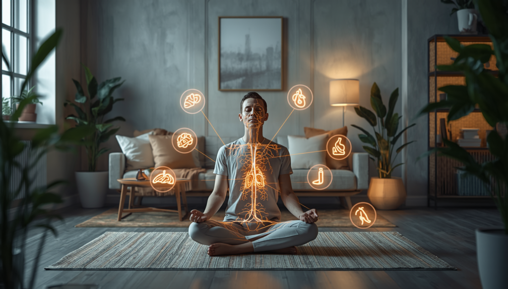 Person meditates with glowing nervous system pathways.