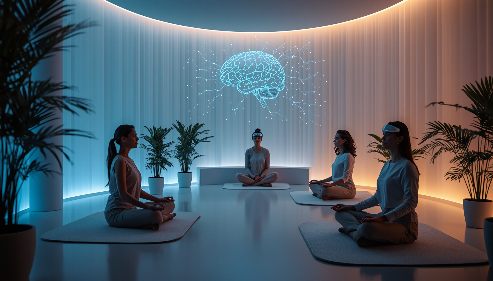 Adults meditate in a futuristic wellness studio.