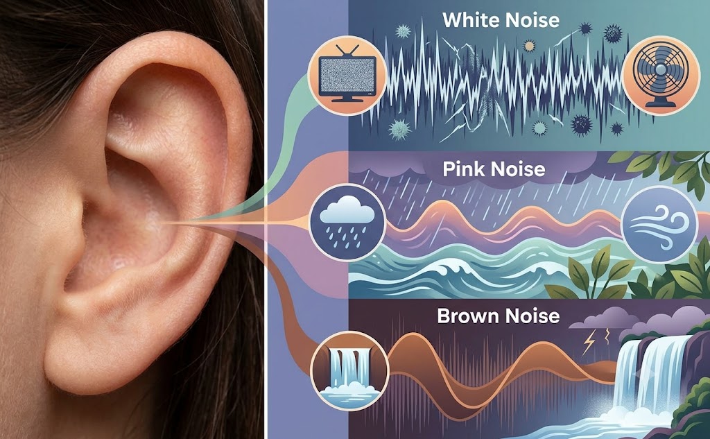 An illustrative chart comparing white, pink, and brown noises with their unique wave patterns and natural sound sources, linked to a human ear.