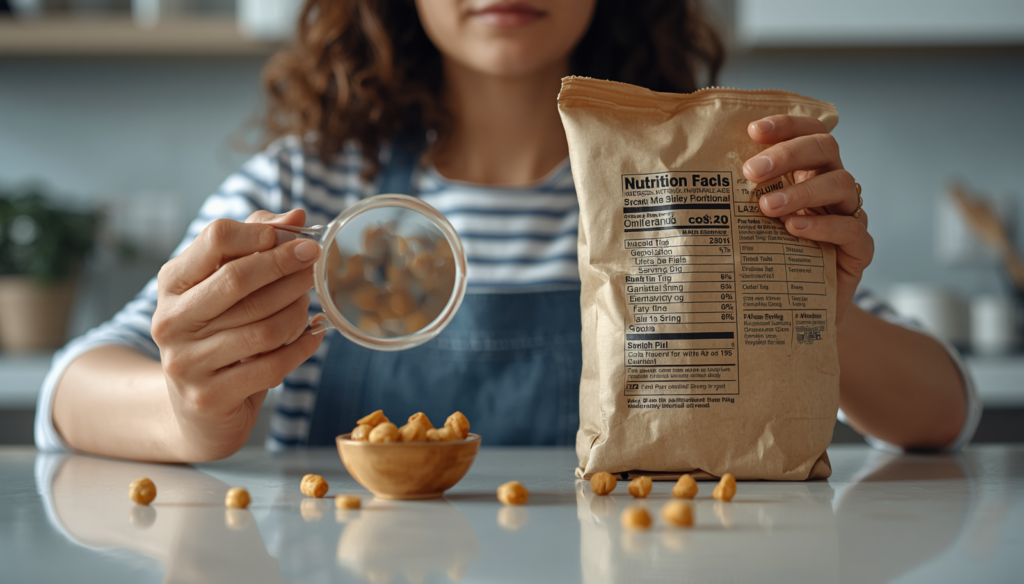Person comparing a snack label with a small serving portion.