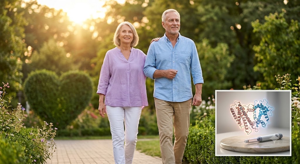 An older couple walking together in a sunny garden.