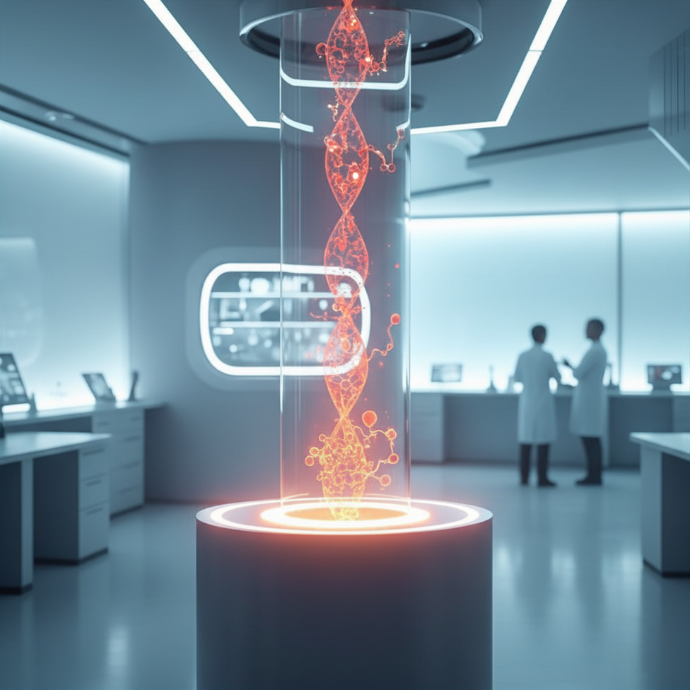 Glowing peptide molecule in a futuristic lab.