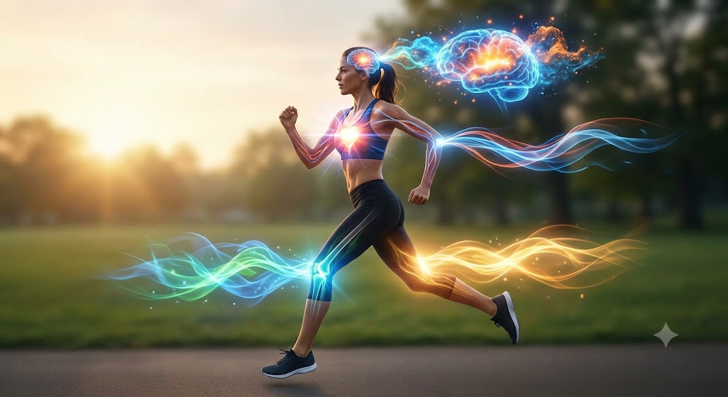 Illustration of glowing physiological changes in a running woman's heart, brain, and muscles.