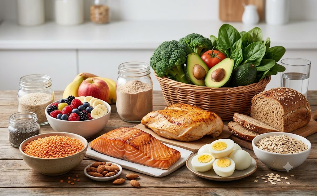 An abundance of diverse whole foods, including proteins and fiber, spread across a wooden table.