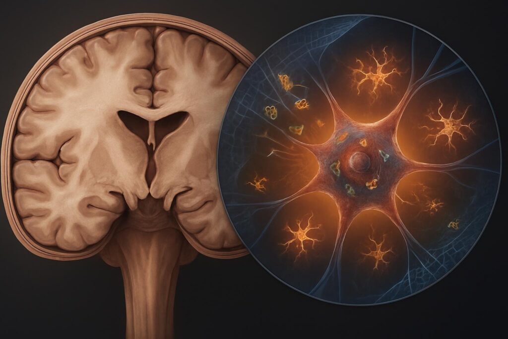Human brain with microplastic particles near neurons.
