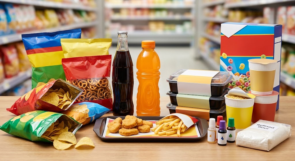 A variety of packaged snacks and beverages on a table.