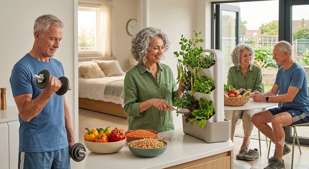 Older couple exercising and eating healthy