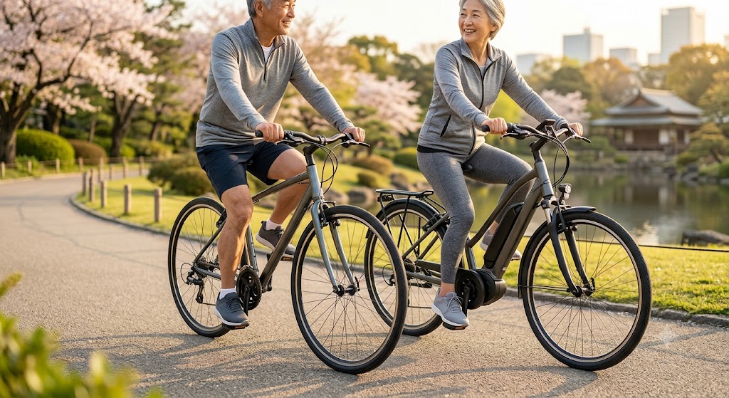 Active seniors cycling outdoors for fitness.