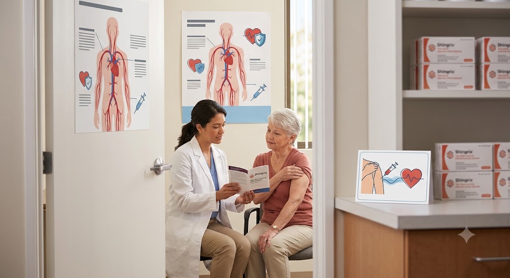 A doctor reviewing vaccine information with a patient in a clinical setting.