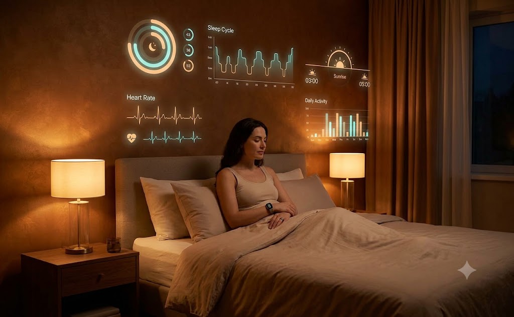 A person resting in bed with a digital overlay visualizing health and sleep recovery metrics.