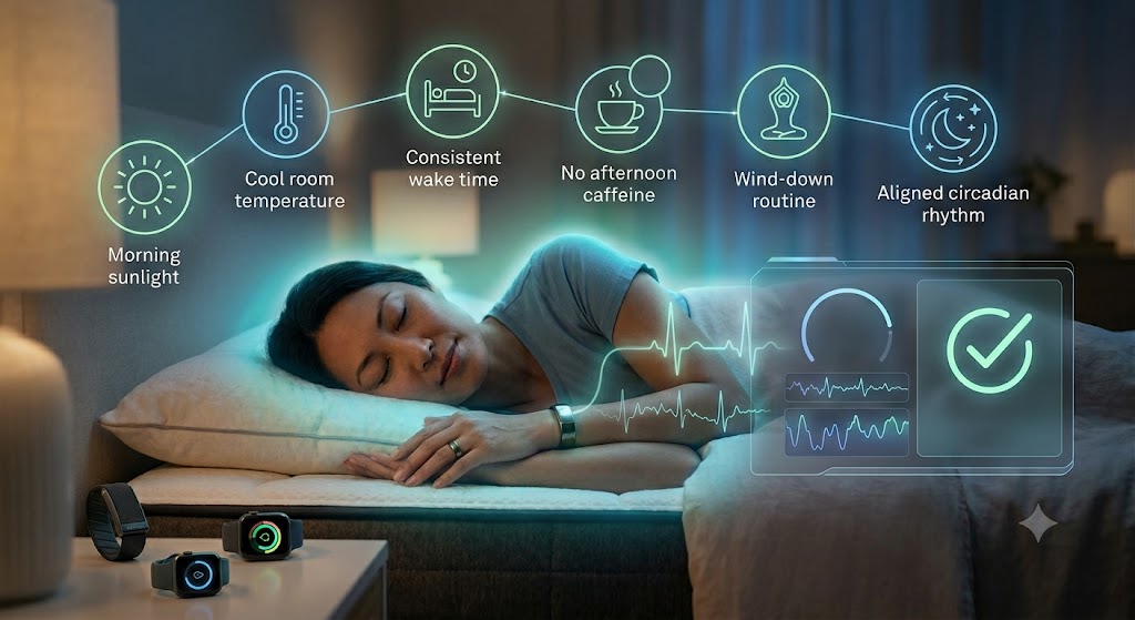 A person sleeping peacefully in a dimly lit bedroom while wearing sleep-tracking wearable technology, with a subtle digital interface displaying health and recovery metrics.