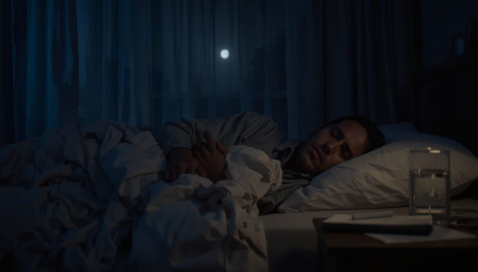 Person lies awake in bed at night.