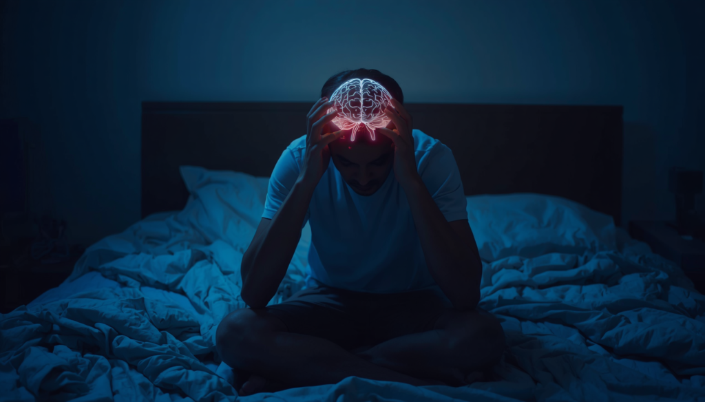 Tired person sits in bed with glowing brain.