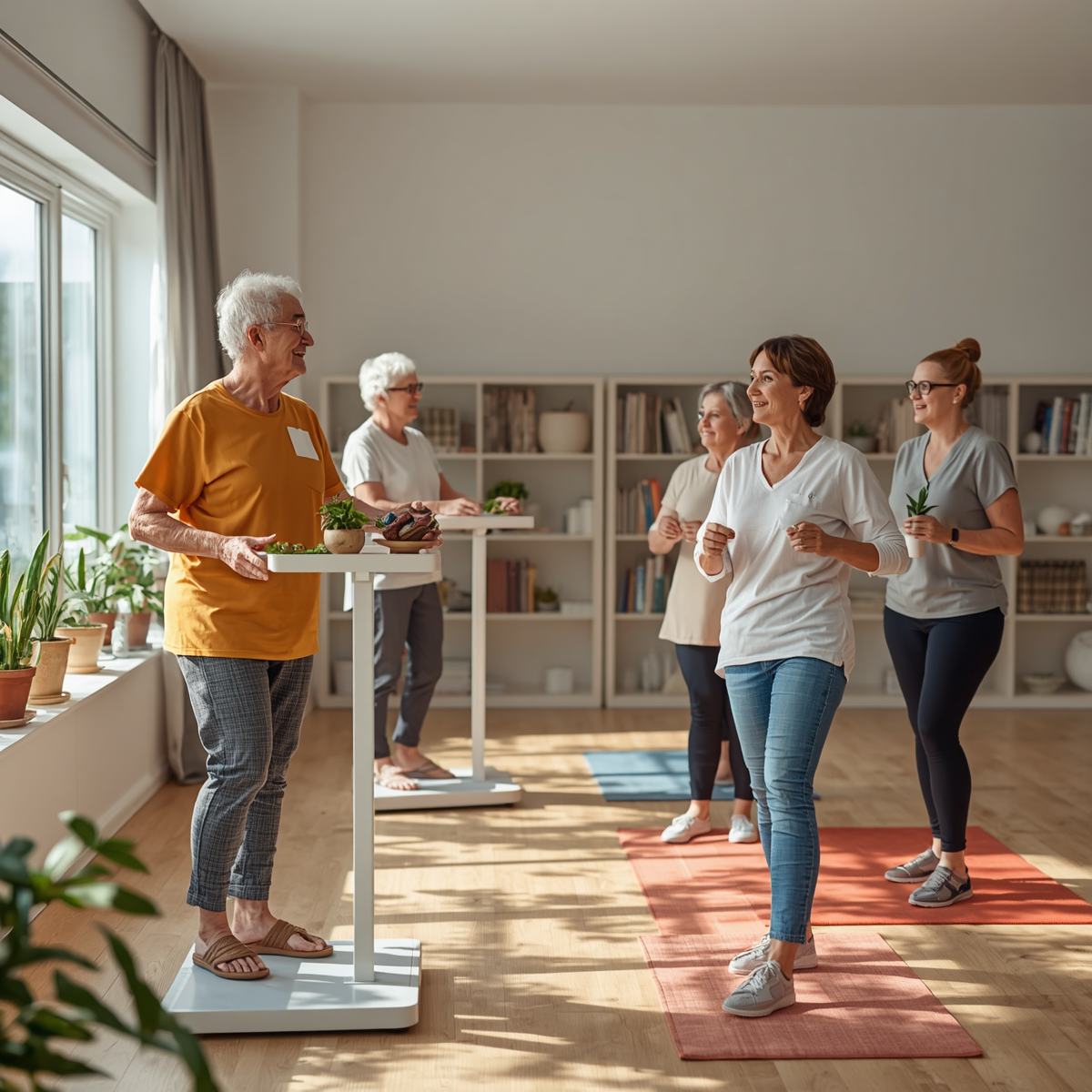 Older adults exercising in a wellness class.