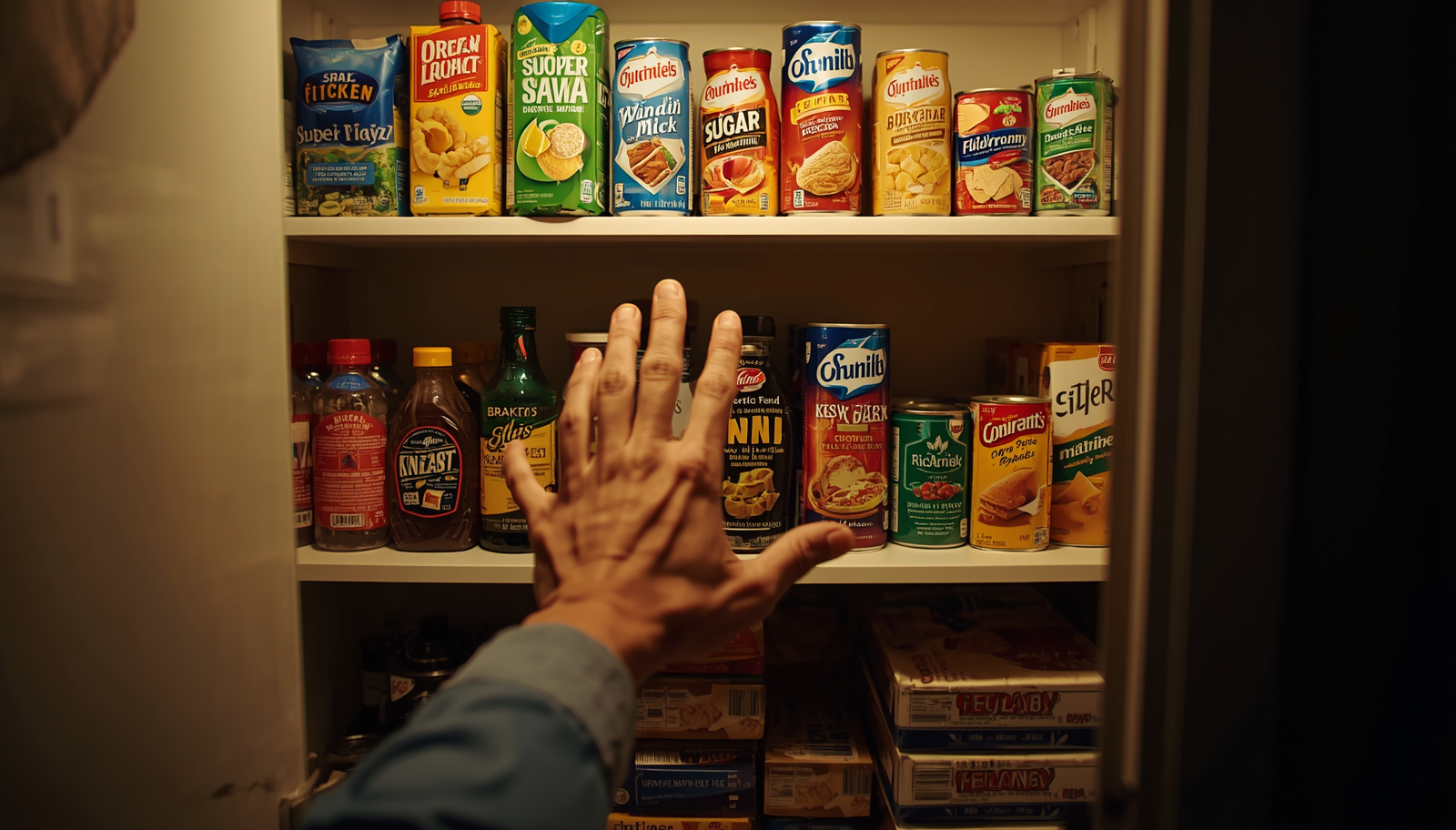 Hand reaches toward processed pantry foods.