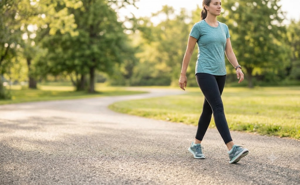 Person walking on a sunlit park path for daily exercise.