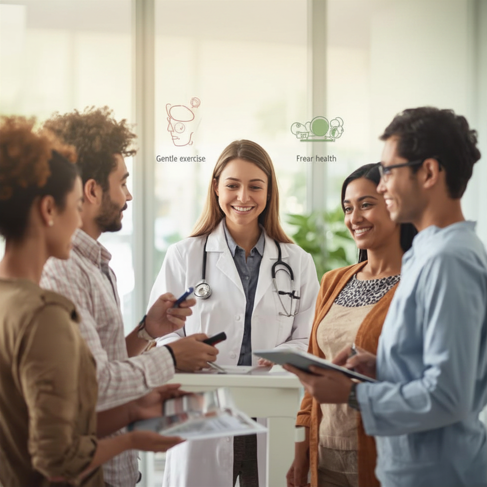 Doctor discussing wellness with adults.