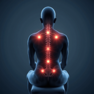 Seated silhouette with glowing points marking hips, glutes, shoulders, and neck