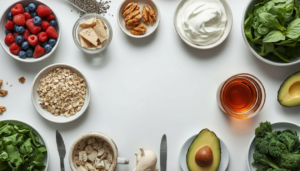 Healthy breakfast foods on a table.
