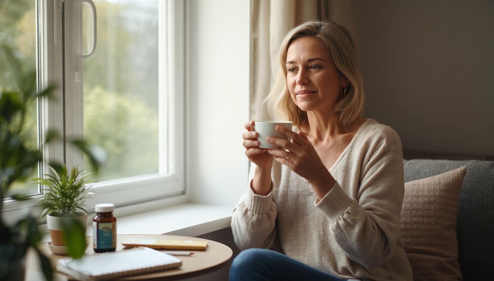 Woman holding tea by sunny window with plant, journal, and supplements nearby