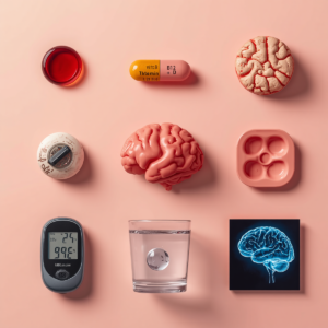 Grid of six medical icons: blood drop, vitamin, thyroid, blood sugar, water, brain