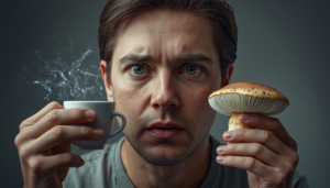 Person showing jittery energy with regular coffee versus calm focus with mushroom coffee