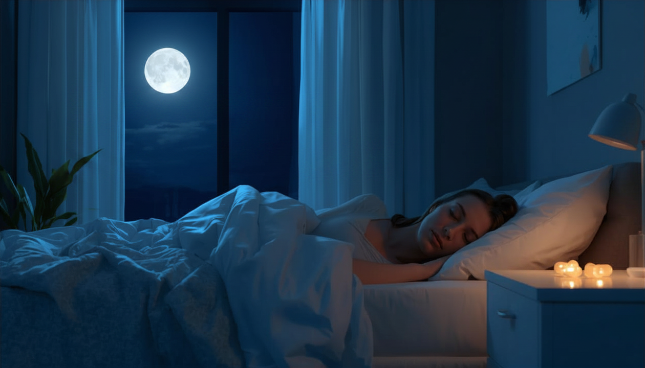 Person sleeping in a blue-lit bedroom.