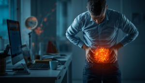 Stressed person with glowing abdomen.